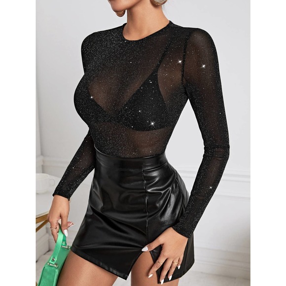 Long sleeve Glitter Sheer Mesh Top Without Bra black - Picture 3 of 5